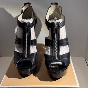 Michael Kors Black Leather Zip Front Platform Sandals